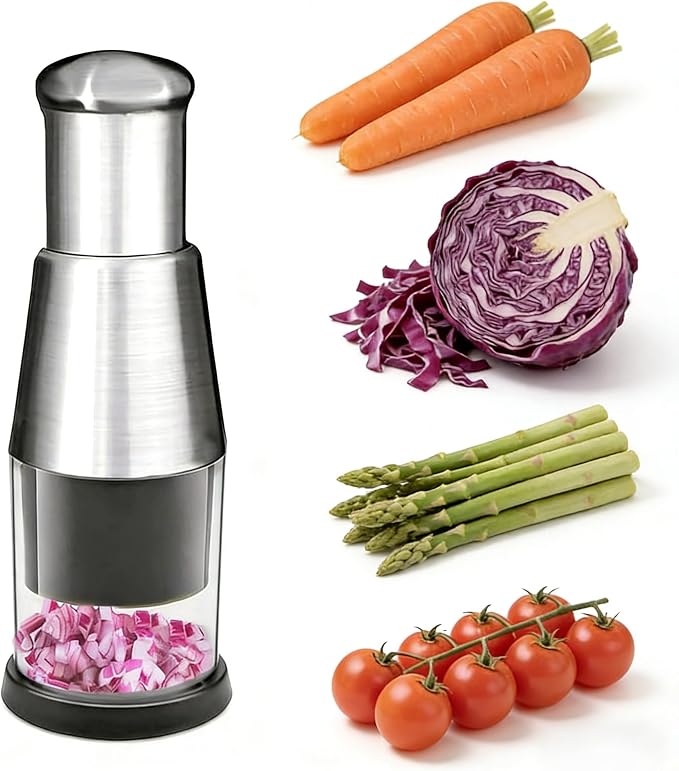 Manual Food Chopper, Stainless Steel Hand Press Vegetable and Garlic Mincer