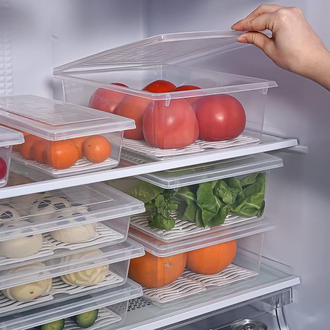 4PCS Food Storage Container, Plastic Food Containers X-Large | [With Removable Drain Plate and Lid], [Stackable Portable Freezer Storage Containers]-Tray to Keep Fruits, Vegetables, Meat