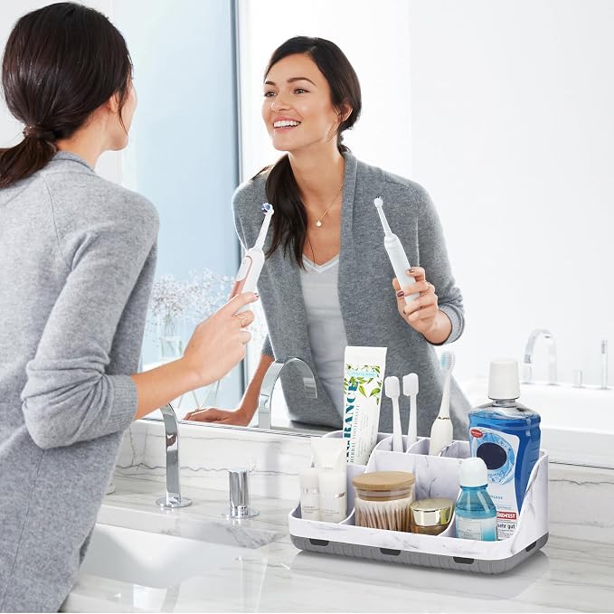 GFWARE Marble Bathroom Countertop Organizer - Detachable 7 Slots Kids Electric Toothbrush and Toothpaste Holde Drainage for Bathroom Accessories Organization Counter Vanity Storage, Grey | Detachable 7 Slots Kid Electric Toothbrush and Toothpaste Holde...