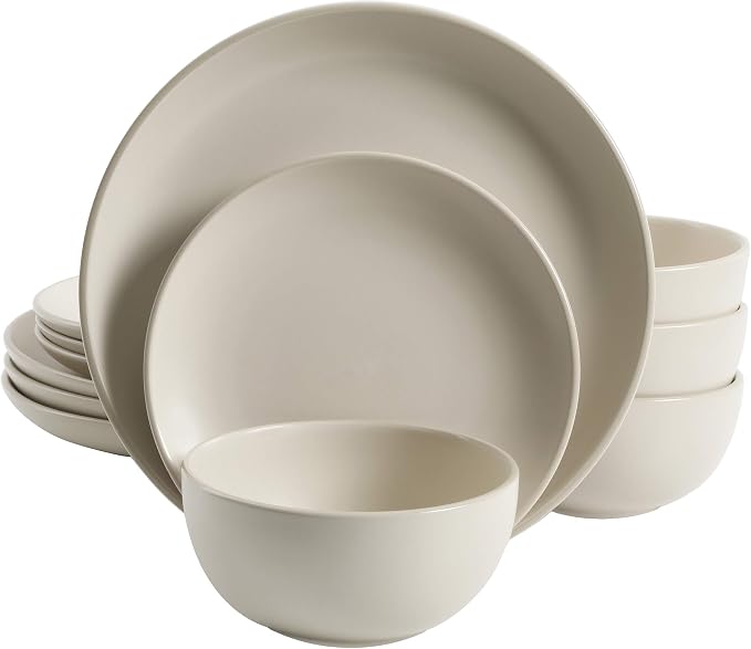 Gibson Home Rockaway 12-Piece Round Stoneware Dinnerware Set, Service for 4 – Cream Plates and Bowls, Modern Matte Finish, Microwave & Dishwasher Safe