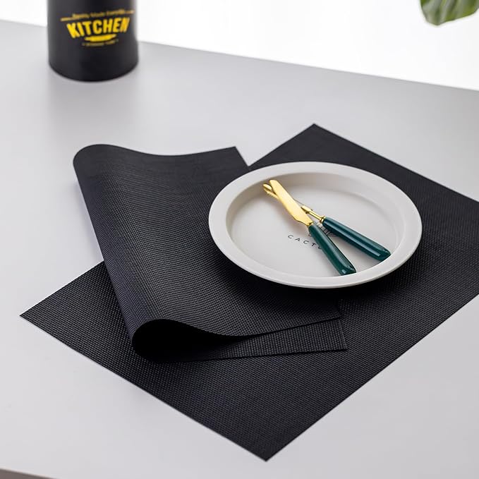 LEXMORE PlaceMats Set of 12 Vinyl/Plastic Woven Place Mats for Kitchen Table Indoor/Outdoor Washable PlaceMat Wipeable Dining Table Mats(Black)