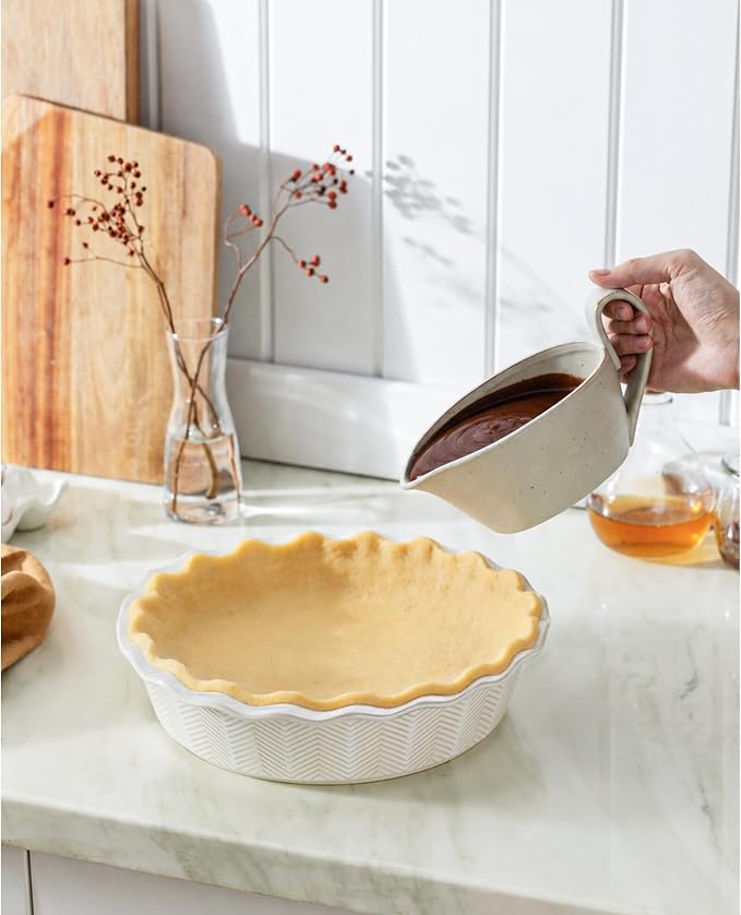 Deep Pie Dish for Baking, Ceramic Pie Pan for Apple Pie, Tart, Quiche Baking Dish, Farmhouse Decor Pie Plate, Deep Dish Pie Pan, Oven Safe, Off-White, Wave