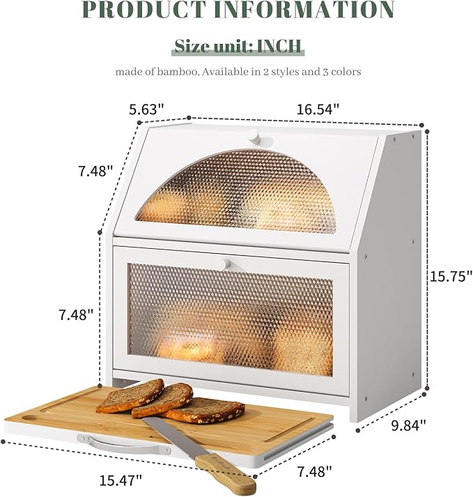STDDRE Double Layer Bamboo Corner Bread Box with Cutting Board(White) | Extra-large capacity. Double Layer Bread Storage Bin with Door Panel for Kitchen Counter.for kitchen counter