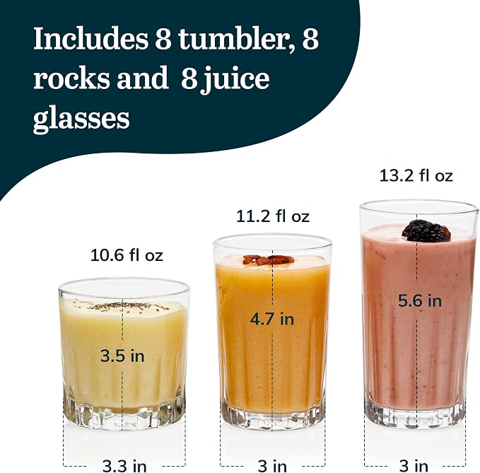 Libbey Brockton Tumbler, Juice and Glasses Drinking Set, Clear, Classic Cut Glass Cups Set of 24, Elegant Dishwasher Safe Barware Glasses for Everyday Use