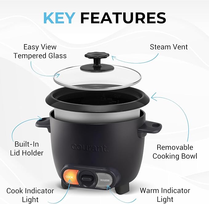 Courant Rice Cooker 6-Cup (Cooked), Removable Non-Stick Bowl, One Touch Rice Cooker,Black