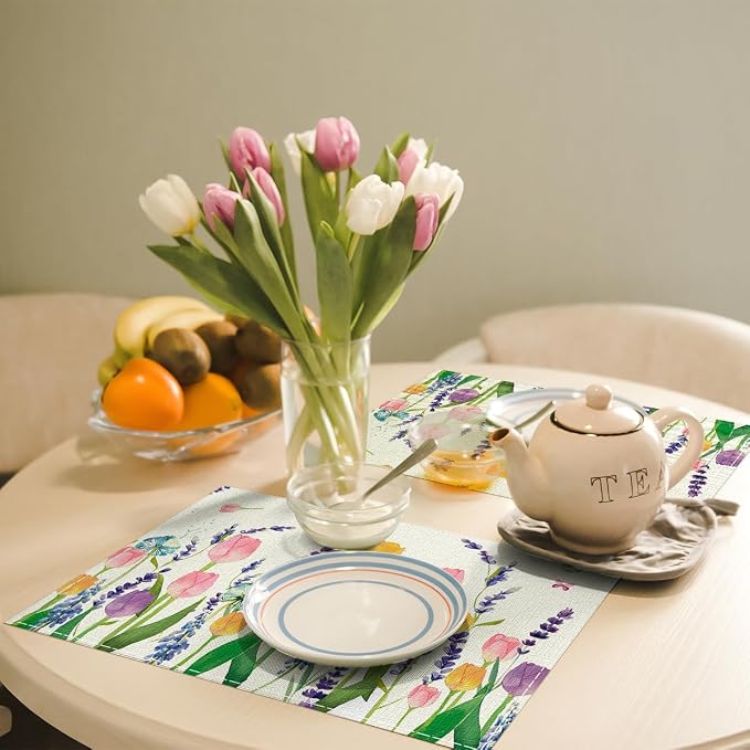 Floral Spring Placemats Set of 6, Easter Placemats Tulip Butterfly Table Mats Spring Table Decorations for Home Party 12x18 Inch