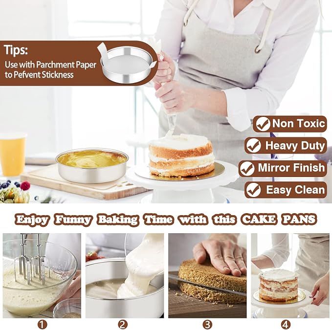 P&P CHEF 6 Inch Round Cake Pan Set of 3, Stainless Steel Baking Cake Pans | Round Baking Cake Pan Bakeware for Layer Birthday Cake, Fit Oven/Pots/Pressure Cooker, Leakproof & Dishwasher Safe, Silver