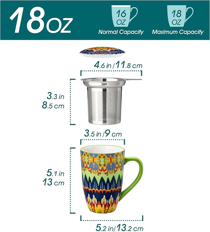 vancasso 18 Oz Tea Infuser Mug with Lid, Mint Petal Whirl | Eye-Catching Bohemian Pattern, Adds Charm to Any Tea Corner, Ceramic Mug with Infuser, Microwave and Dishwasher Safe