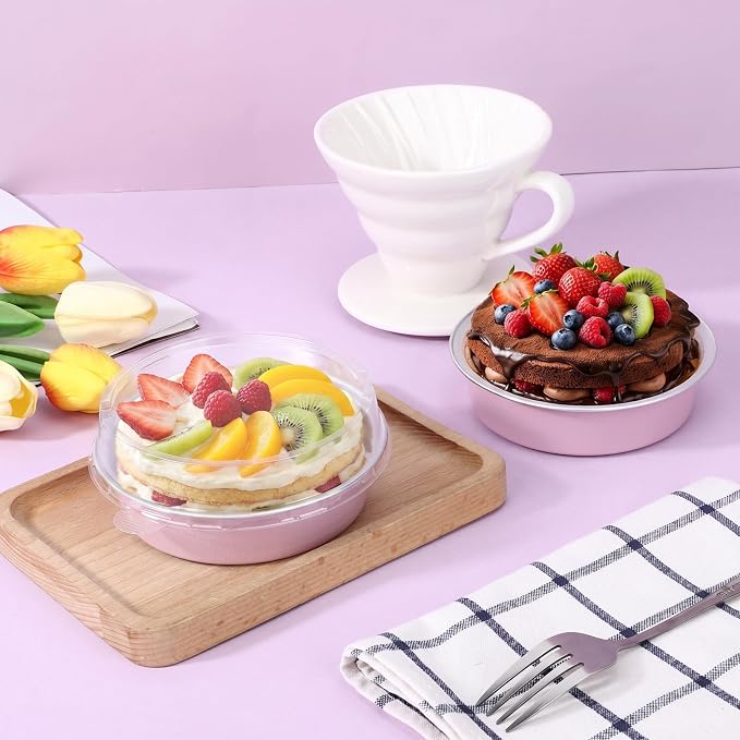 Beasea Mini Pie Pans with Lids, 50 Pack 7.3oz Disposable Aluminum Foil Tart Pans, 4 Inch Round Oven Baking Mini Cake Cups Tin for Cheesecake Pie Tart Quiche - Pastel Pink