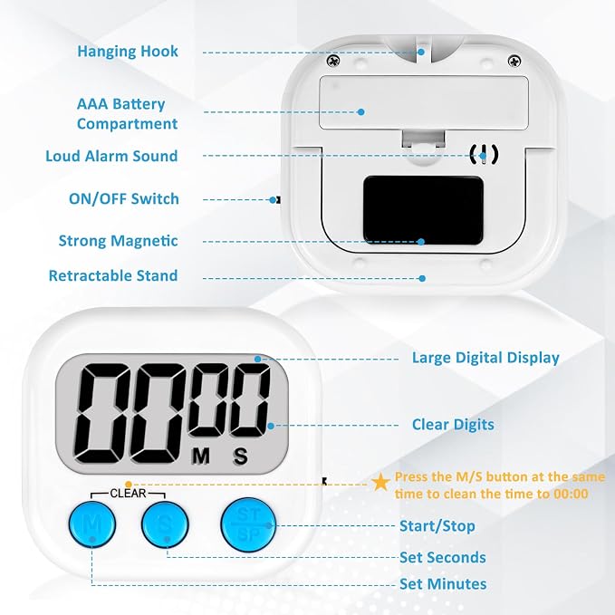 ZILLEEN Digital Kitchen Classroom Timers for Kids Cooking 6pcs Wht Blu Pk | Strong Magnetic, Large Screen, Big Button, Count Up/Down, Loud Alarm, Teacher Classroom Must Haves Supplies
