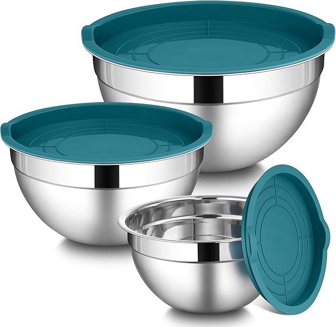 LIANYU Mixing Bowls Set with Lids, Stainless Steel Kitchen Bowls Set of 3 | Large & Small Metal Bowl, Airtight Lids, Mixing & Storage, Dishwasher Safe & Freezer Safe, 1.5QT & 3QT & 4.6QT, Blue
