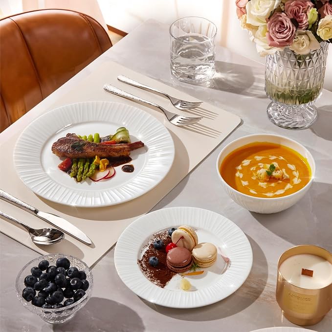24Pc Textured White Bone China Set Service for 8 | Lightweight porcelain plate & bowl set. Microwave & dishwasher safe for daily family meals, restaurants, or gifting.