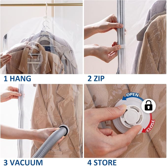 Hanging Vacuum Storage Bags, Space Saver Vacuum Seal Bag for Cloth, 6 Combo | Vacuum Seal Bags for Clothing, Hanging Garment Storage for Jackets, Suits, Dresses, Winter Clothes Storage Closet Organizer