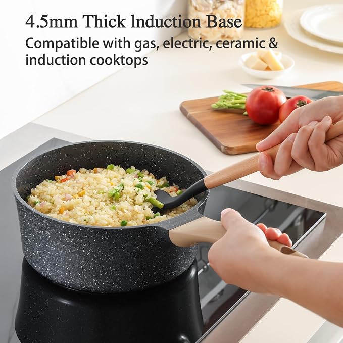 Nonstick Saucepan with Lid, 3.5 Quart German Greblon Ceramic Sauce Pan, Non Toxic Sauce Pot with Cover for Multipurpose Use, PTFE, PFOA & PFAS Free, Induction Compatible.
