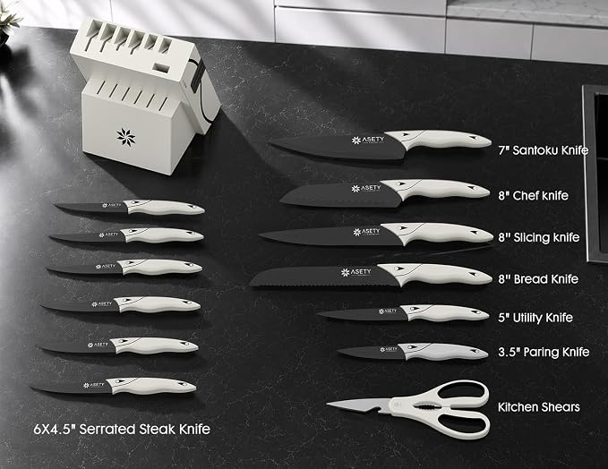 ASETY Kitchen Knife Set with Block 15 PCS, Dishwasher Safe Kitchen Knives | Ultra Sharp Knife block Set, High-carbon Stainless Steel, Chef Knife Set with Built-in Sharpener, Ergonomic handles, Ivory