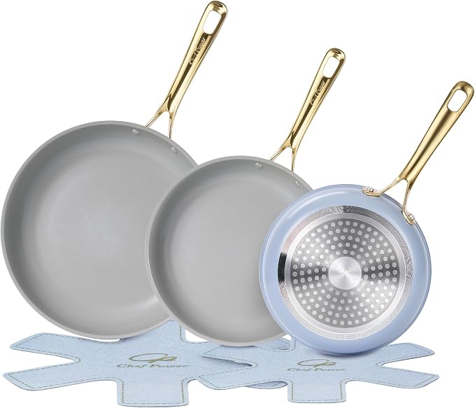 Ceramic Frying Pan with Stainless Steel handle 5Pcs Set, Non Stick Grill Pan Set, Dishwasher and Oven Safe, Blue Gray and Granite Grey