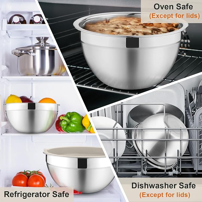 P&P CHEF Mixing Bowls with Lids Set of 6, Nesting Salad Bowl, Khaki | Stainless Steel Bowl & 3 Grater Attachments & Plastic Lid, For Prepping Baking Storing, Sizes with 4.6/2.6/2/1.5/1/0.7 QT