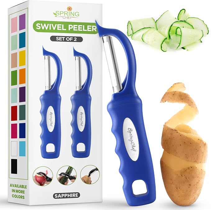 Spring Chef Swivel Potato Peeler with Soft Grip Handle, Set of 2, Sapphire | Premium Vegetable Peeler w/ Sharp Stainless Steel Blades, Multifunctional Food Peeler for Apple, Carrot, Cucumber, Fruit
