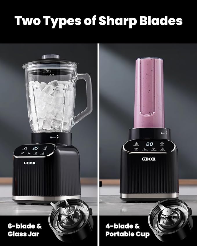 GDOR Smoothie Blender for Kitchen,1200W Glass blender with 5 Smart Programs | Professional Blender with 52oz Jar & 24oz To-Go Cup, 6-leaf Blade for Ice Cubes, Frozen Fruits, and Shakes, Self-Clean, Black