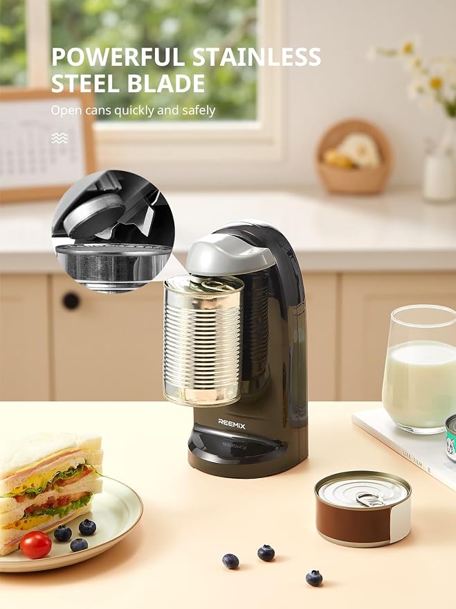 Reemix Electric Can Opener, Automatic Can Opener | One-Touch Operation, Knife Sharpener and Bottle Opener 3 in 1, Easy Clean Kitchen Tool for Home Use