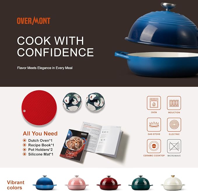 Overmont Enameled Cast Iron Dutch Oven, 6QT Bread Oven with Dome Lid Recipe | Tall Bread Pot with Potholders, for Sourdough Bread Baking Artisan Loaves, Crispy Crust & Better Oven Spring, 500°F Oven Safe