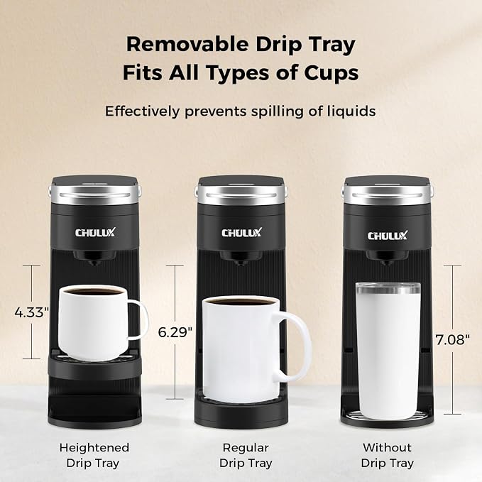 CHULUX Slim Single Serve Coffee Maker for K Cup, Fast Brewing, Matte Black | Rapid-Heating Boiler Tech, 4-Hole Needle for Richer Flavor, Adjustable Drip Tray for 7.3" Travel Mug, Food Grade Material