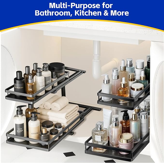 2-Tier Metal L-Shaped Pull-Out Under Sink Organizer, Black, 2 Pack | 2 complete sets; ball-bearing slides; 6-level height; no-drill setup