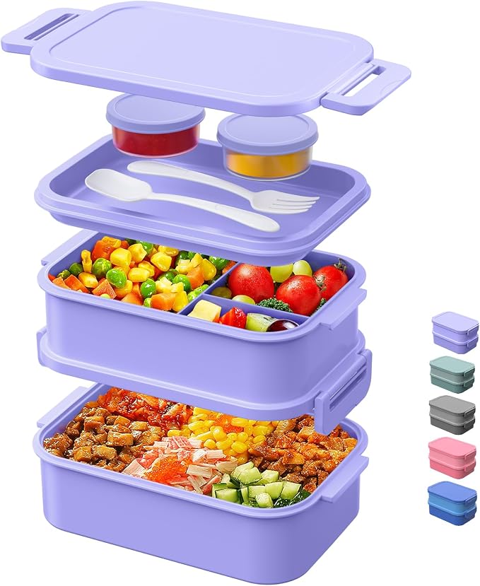 DaCool Lunch Box Adults Bento Box - 74 OZ All-in-One Stackable Lunch Box Containers for Adult Large Bento Box with Fork Spoon Sauce Boxes, Leakproof Lunchbox for Work School Dining Out,Macaron-Color