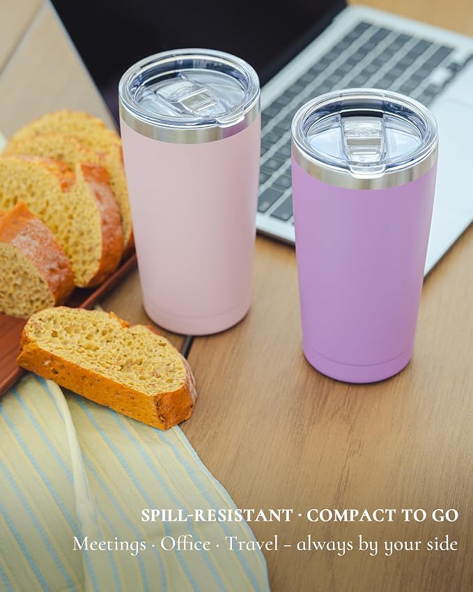20oz Travel Coffee Tumbler with 2 Lids and Straw, Stainless Steel | Double Wall Vacuum Insulated Tumbler, Coffee Mug for Hot & Cold Drinks, Fits Most Car Cup Holders, Pink