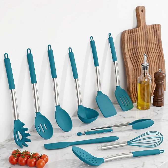 Onader 10 Pieces Silicone Kitchen Utensils Set, Cooking Utensils with Holder and Heat Resistant Stainless Steel Handle for Nonstick Cookware -Blue