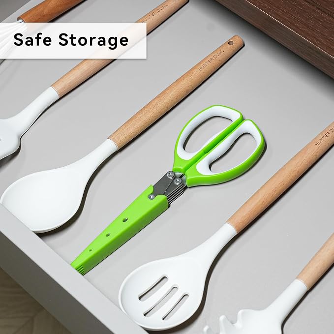 5 Blades Herb Scissors - Professional Kitchen Shears with Safety Cover for Cutting Green Onions, Fresh Herbs, Vegetables & Salad Food Prep, Must-Have Cooking Gadgets (Green, White, 8.7 inch)