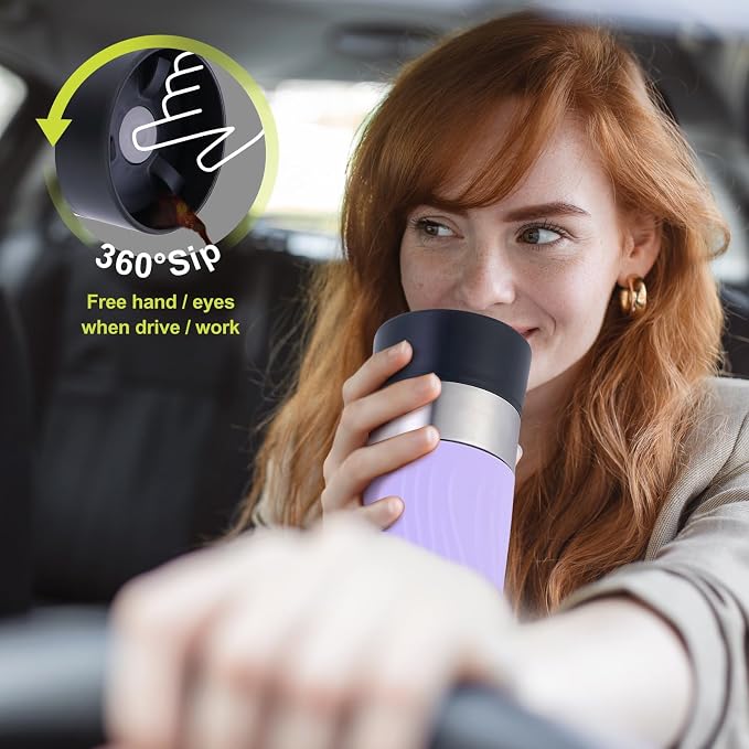 Travel Coffee Mug with 360°Lid, Travel Coffee Tumbler 16 oz Leak Proof, Stainless Steel Insulated Travel Mugs for Hot and Cold Spill Proof Leak Proof(Light Purple)