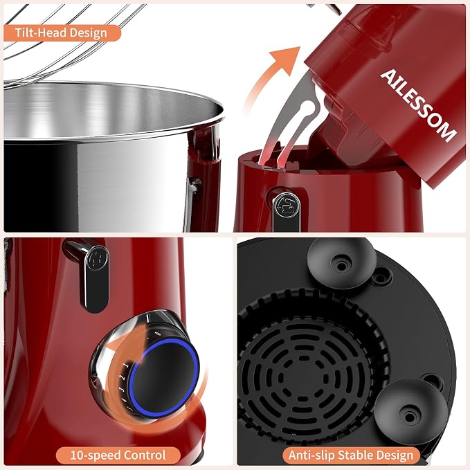 Stand Mixer, 6.5QT Tilt-Head Electric Kitchen Mixer, 10-Speed Household food mixer with 307 Stainless Steel Bowl, Dough Hook, Whisk & Beater, Splash Guard, Ideal for Baking Bread, Cake & Whipping