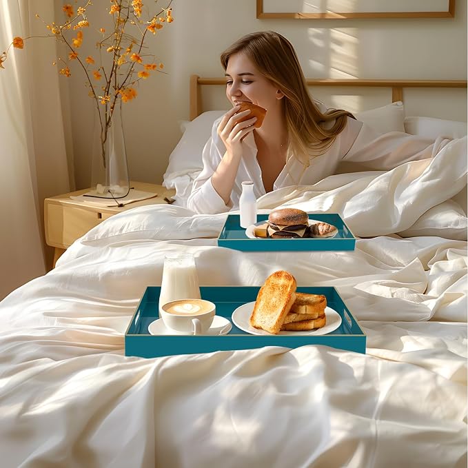 Green Serving Tray with Handles, Plastic Decorative Tray Set of 2 | Decorative Tray for Coffee Table, Modern Ottoman Tray, Rectangle Melamine Tray for Living Room, 15.8"L x 10.2"W x 1.4"H