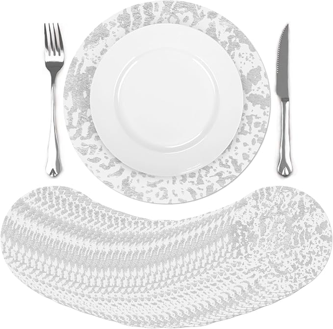 comfoyar Disposable Sliver Placemats Set of 100, Metallic Round 13 Inch Foil Mesh Pressed Doilies Place Mats, Table Mats for Dining Party Weddings Birthday Holiday Kitchen Home, Tableware Decoration