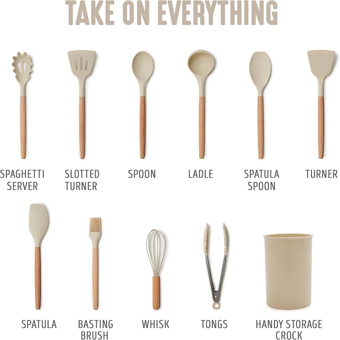 GreenLife 11 Piece Silicone Utensil Crock Set, Nonstick Kitchen Tools, Ladle, Turner, Slotted Turner, Spatula, Spoon, Spaghetti Server, Brush, Whisk, Tongs, Crock, Taupe