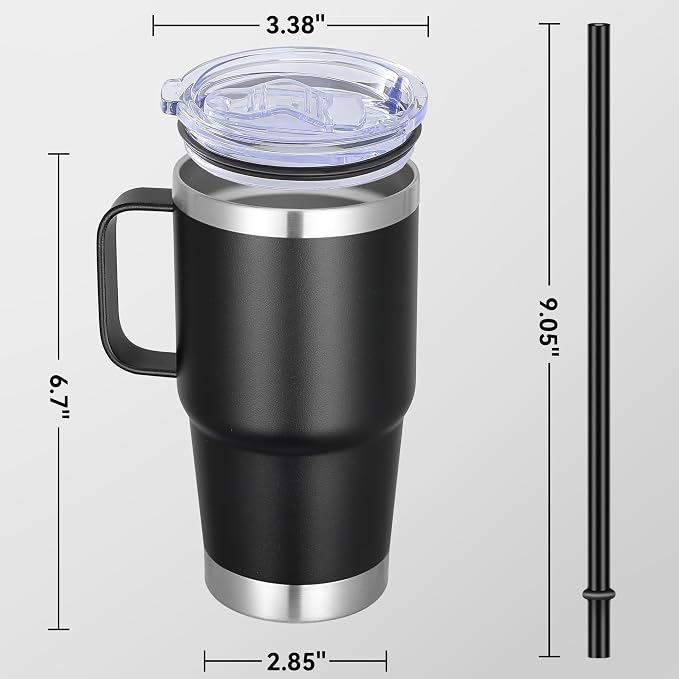 20 oz Stainless Steel Tumbler with Handle Metal Insulated Coffee Travel Mug with Handle Double Wall Tumbler Cup with Lid and Straw, Black 1 Pack
