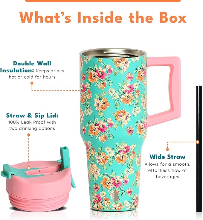 Elemental 100% Leak Proof 32oz Tumbler with Handle & Straw Travel Mug | Stainless Steel Double Wall Insulated Tumbler for Hot and Cold Beverages with Sip & Straw Lid