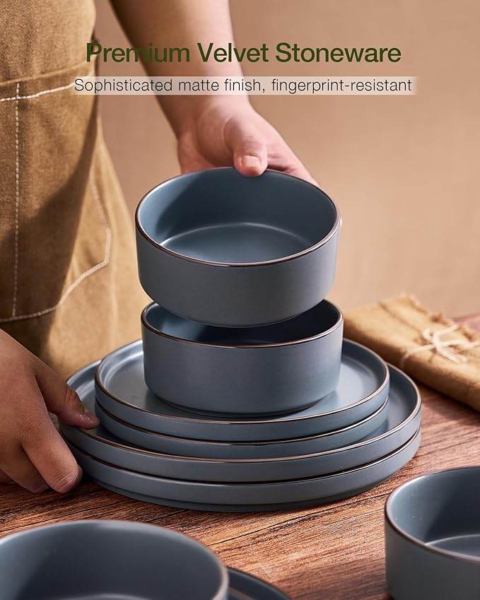Famiware Nebula Ridge 16-Piece Dinnerware Set with Pasta Bowls, Charcoal | Stoneware Plates and Bowls for 4, Warm Hand-Painted Rims, Microwave and Dishwasher Safe