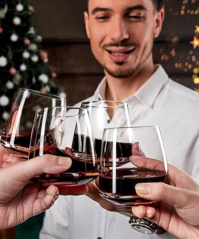 OJA Wine Glasses Set, Crystal Stemless Red Wine Glass, Set of 4, 13.5 oz | Dishwasher Safe, Red White Wine glass, Hand Blown, Unique Gifts for Him Her for Birthday, Wedding, Christmas, Anniversary