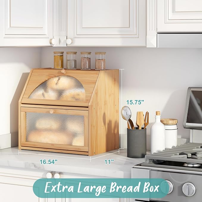 Extra Large Bread Box for Kitchen Counter, Bamboo Wood Double Layer Bread Box for Kitchen Counter, Wooden Capacity Bread Storage Bin