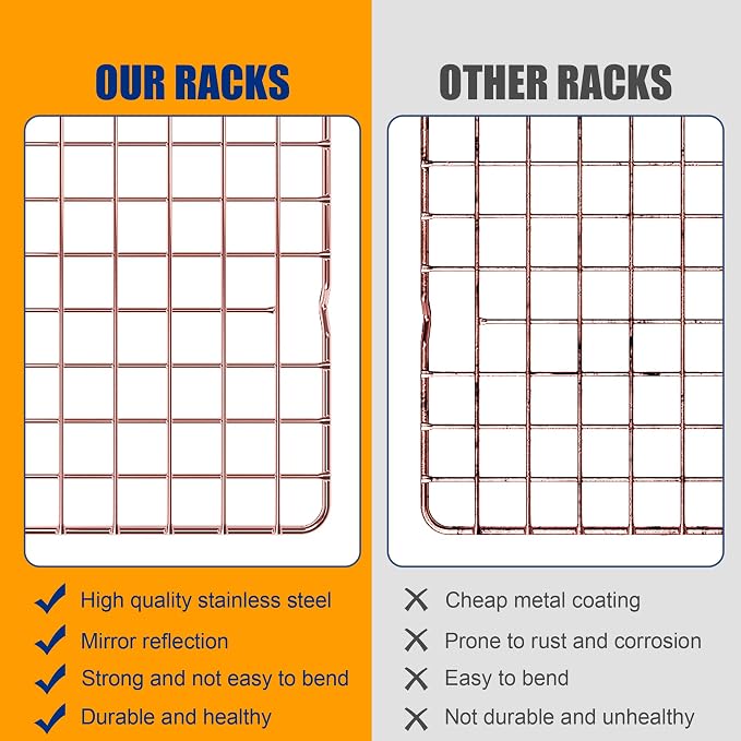 2PCS Cooling Racks for Cooking and Baking - 10" x 16"Heavy Duty Stainless Steel Wire Rack for Baking, Grilling, Roasting - Oven & Dishwasher Safe - Fits Half Sheet Pan（Rose Gold）
