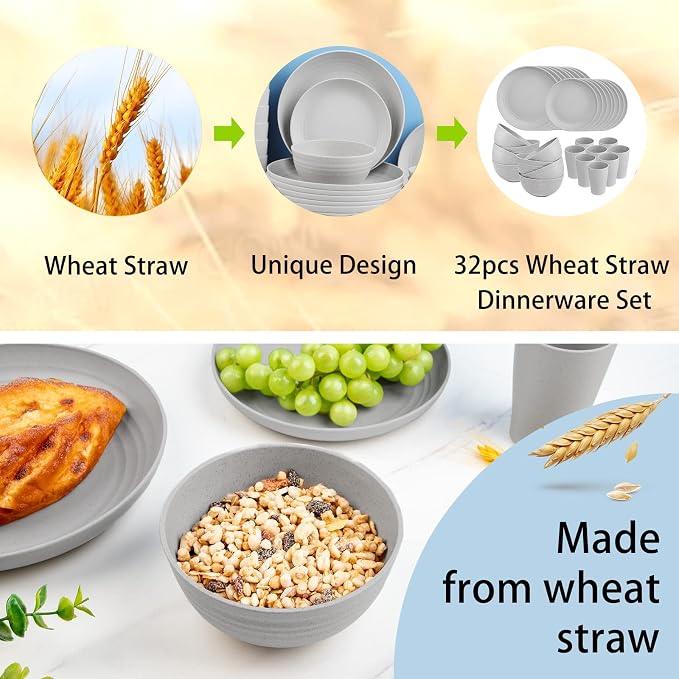 32Pcs Grey Wheat Straw Dinnerware Sets, Unbreakable Dish Set For 8 | Reusable Plastic Plate Set For Outdoor Camping And RV, Lightweight Elegant Plates For Family Daily Dining