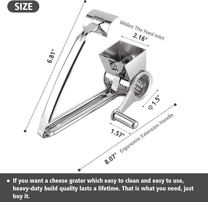 TONMA Multipurpose Rotary Cheese Grater Hand Crank | Cheese Grinder with 1 Stainless Steel Handheld Drum for Parmesan, Pecorino Romano, Mozzarella, Vegetables, Ergonomic Design