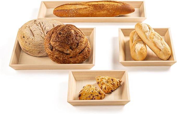 Wooden Serving Trays Set of 4, 12x12x1.25 Inches Natural Wood Serving Tray for Home Decor, Decorative Wooden Trays for Coffee Table, Ottoman, Kitchen Counter, Dining Table & Organization