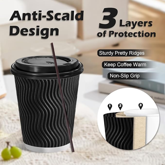 Lamosi 50 Pack 10 oz Disposable Coffee Cups with Lids and Straw, Black | Insulated Corrugated Ripple Wall Hot Cups with Lids for Hot Drink, Office, Coffee Bars, Meetings, and Short To-Go Use