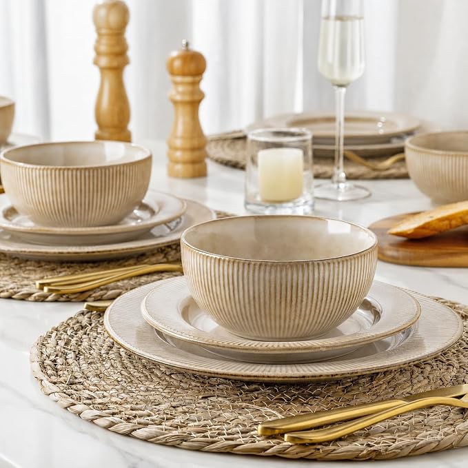 GBHOME Ceramic Dinnerware Sets of 4,12 pcs Plates and Bowls Sets Dishes | Embossed Elegant Stoneware Dishes Set | Dishwasher & Microwave Safe | Service for 4