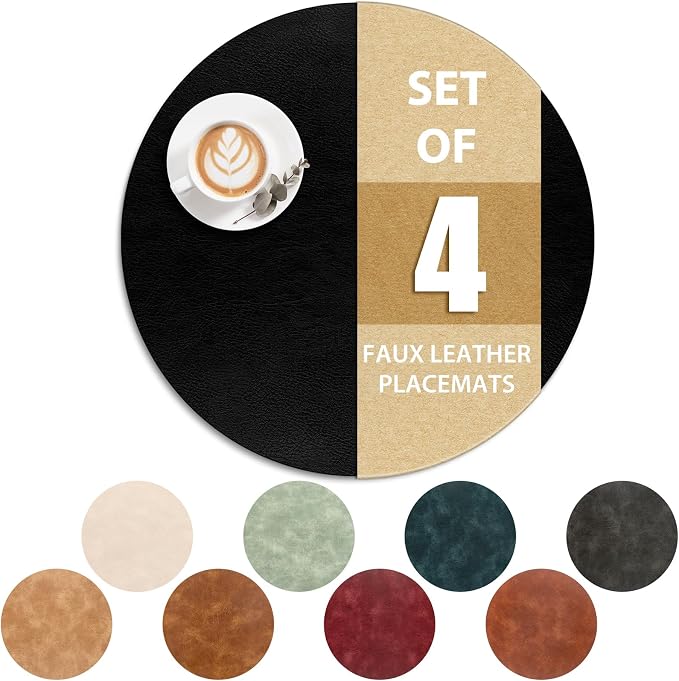 ADRIMER Placemats, Heat Resistant Round Placemats Set of 4 Washable, Waterproof Table Mats, Wipeable Faux Leather Place Mats for Kitchen, Dining Room, Black