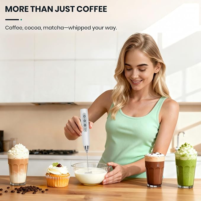 Colarlemo Milk Frother Handheld Rechargeable, Frother Wand Drink Mixer Electric Whisk for Coffee, Detachable With 3 Stainless Whisks, Hand Mixer for Lattes, Cappuccino, Matcha, Egg, No Stand, White