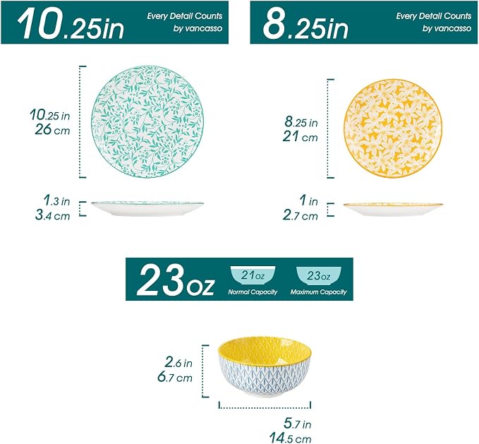 vancasso SELENE Plates and Bowls Set for 4, 12 Pieces Dinnerware Sets, Mircowave and Dishwasher Safe Dishes Set, Porcelain Pastel Dinnerware